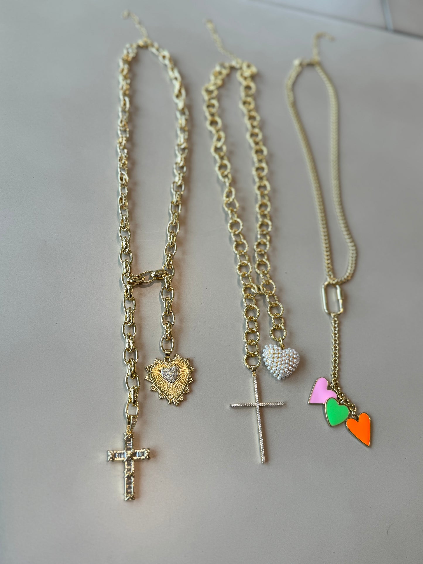 Lariat Style Pearl Heart and Cross Necklace