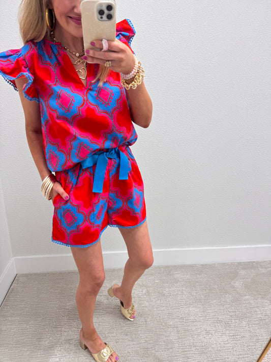 Red and Blue Printed Two Piece Short Set