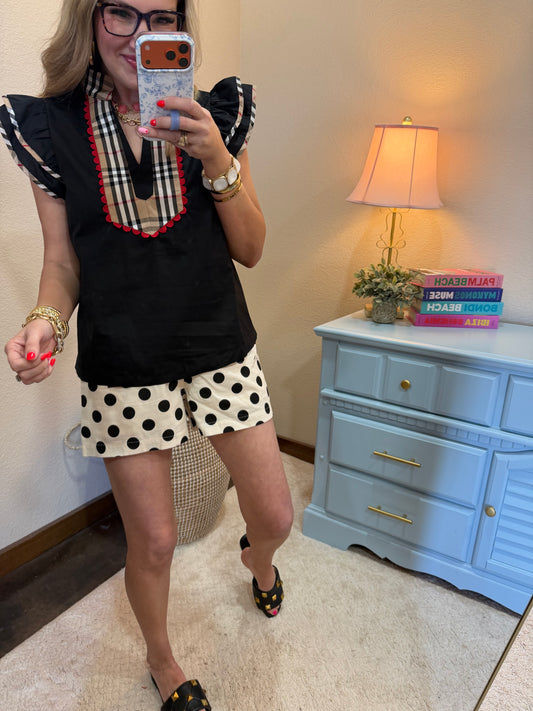 Black Plaid Contrast Accent Woven Top