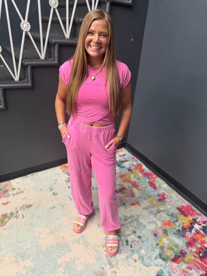 Fuchsia Rolled Sleeve Wrap-front Two Piece Jogger Set