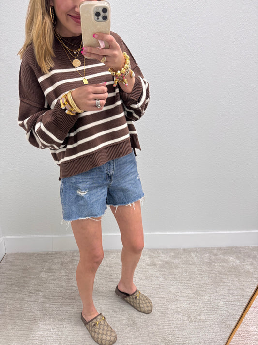 Brown Striped Mock Neck Sweater