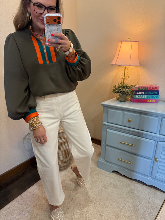 Olive Scuba Detailed 3/4 Sleeve Top