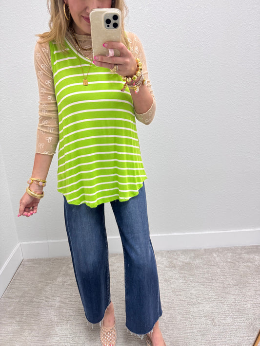 Green & Ivory Striped Round Bottom Top