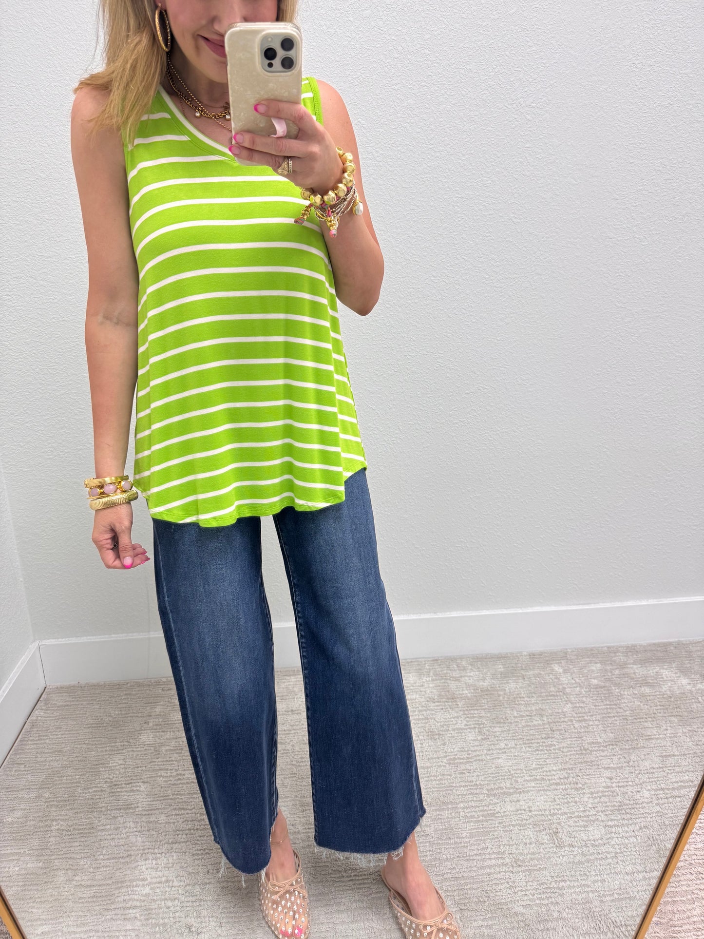 Green & Ivory Striped Round Bottom Top