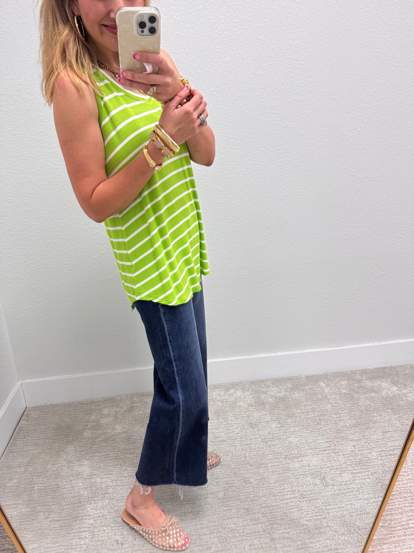 Green & Ivory Striped Round Bottom Top