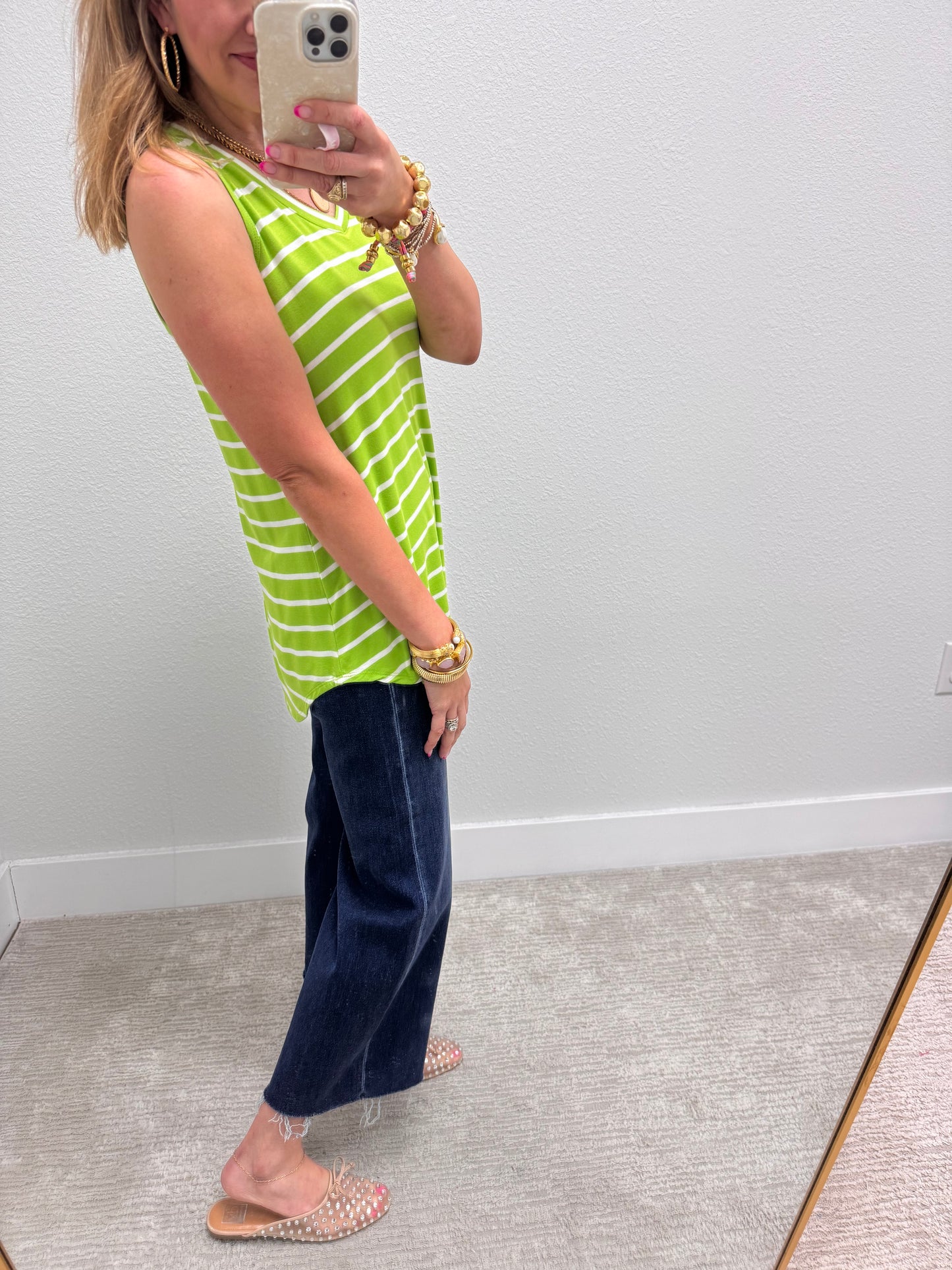 Green & Ivory Striped Round Bottom Top