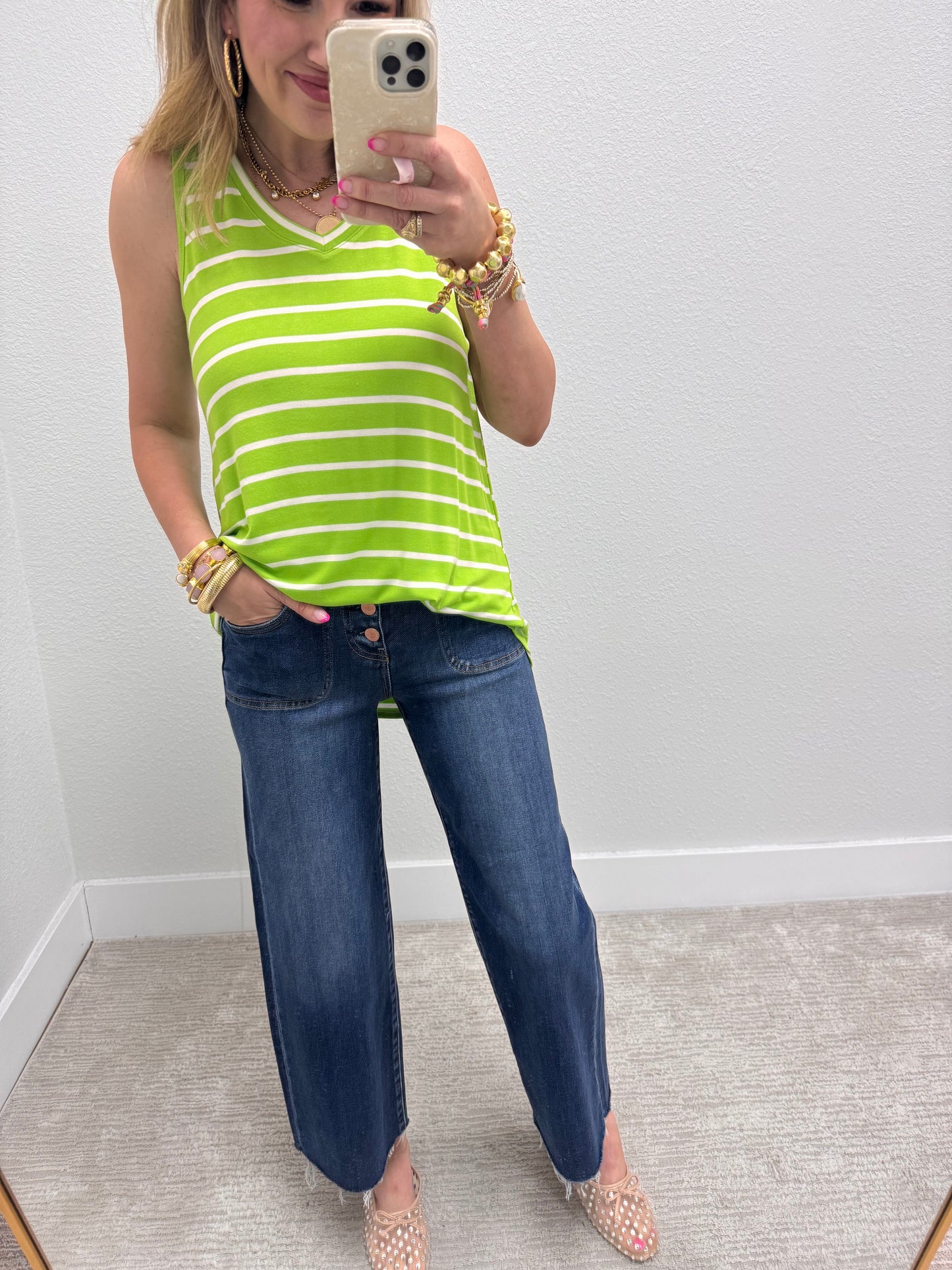 Green & Ivory Striped Round Bottom Top