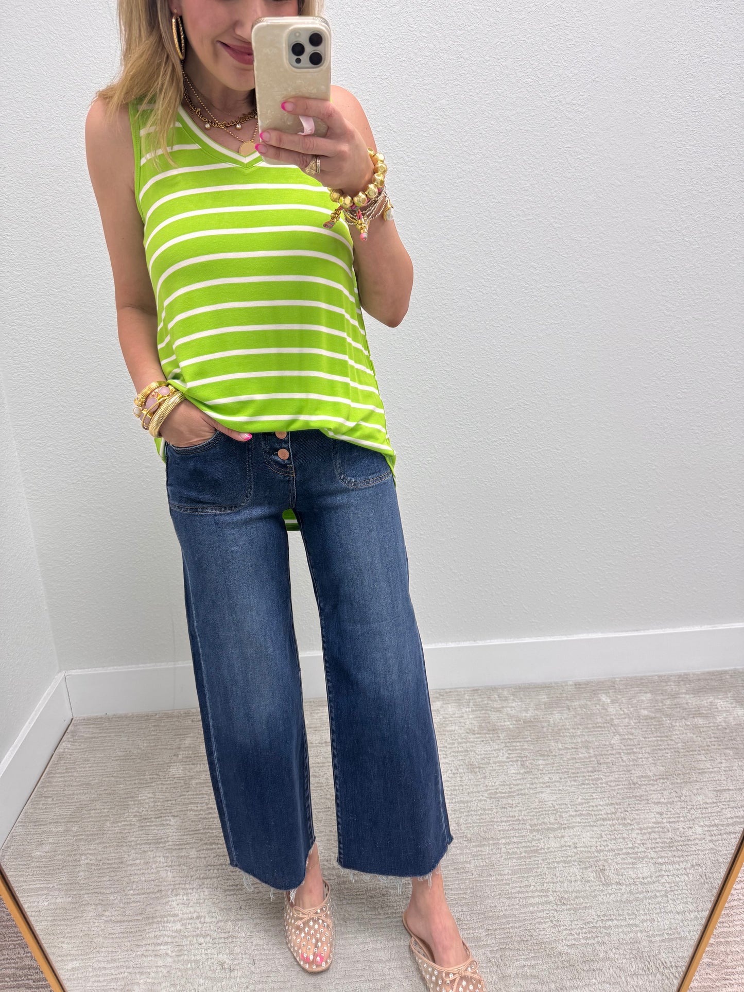 Green & Ivory Striped Round Bottom Top