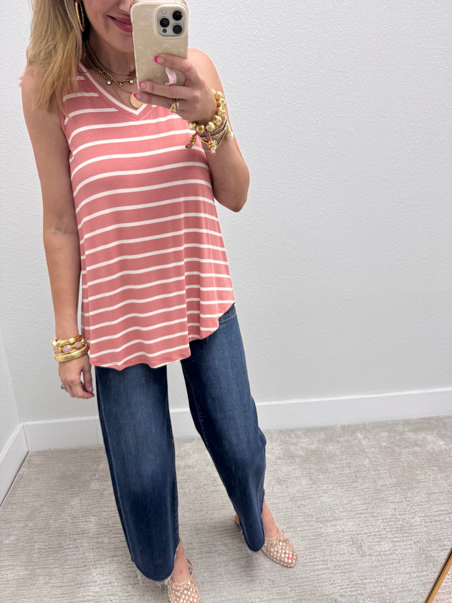 Rose & Ivory Striped Round Bottom Top