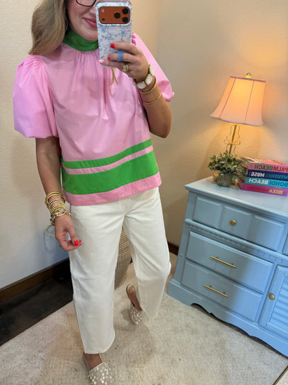 Pink and Green Tie Neck Short Sleeve