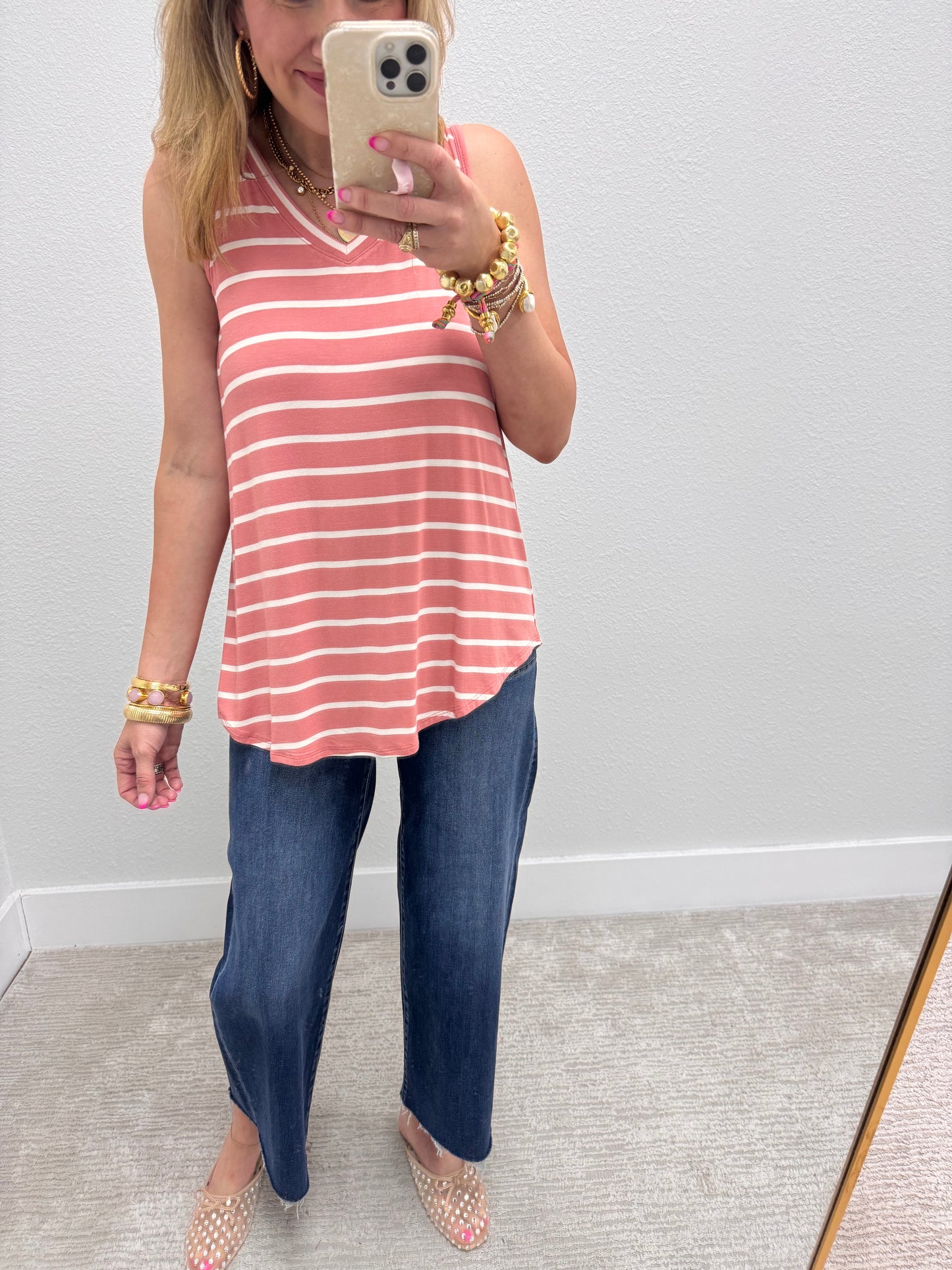 Rose & Ivory Striped Round Bottom Top