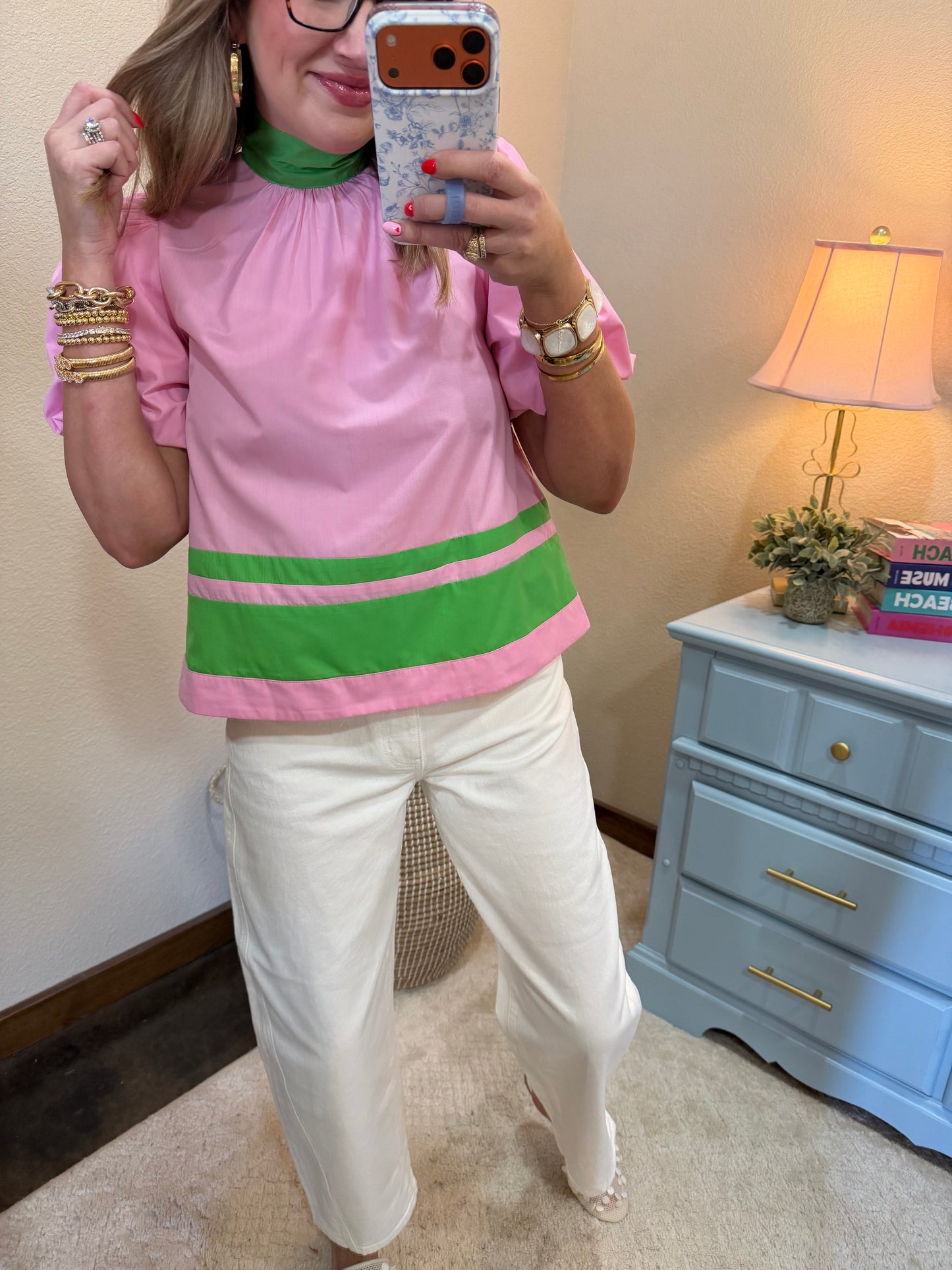 Pink and Green Tie Neck Short Sleeve