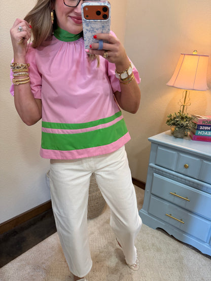 Pink and Green Tie Neck Short Sleeve