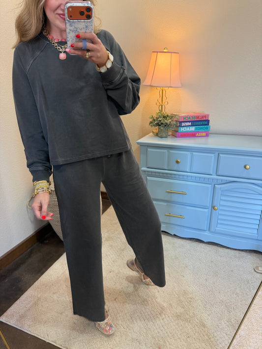Charcoal Washed French Terry Round Neck Pullover & Pants Set