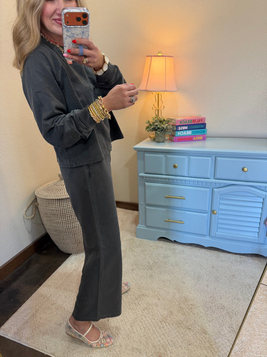 Charcoal Washed French Terry Round Neck Pullover & Pants Set
