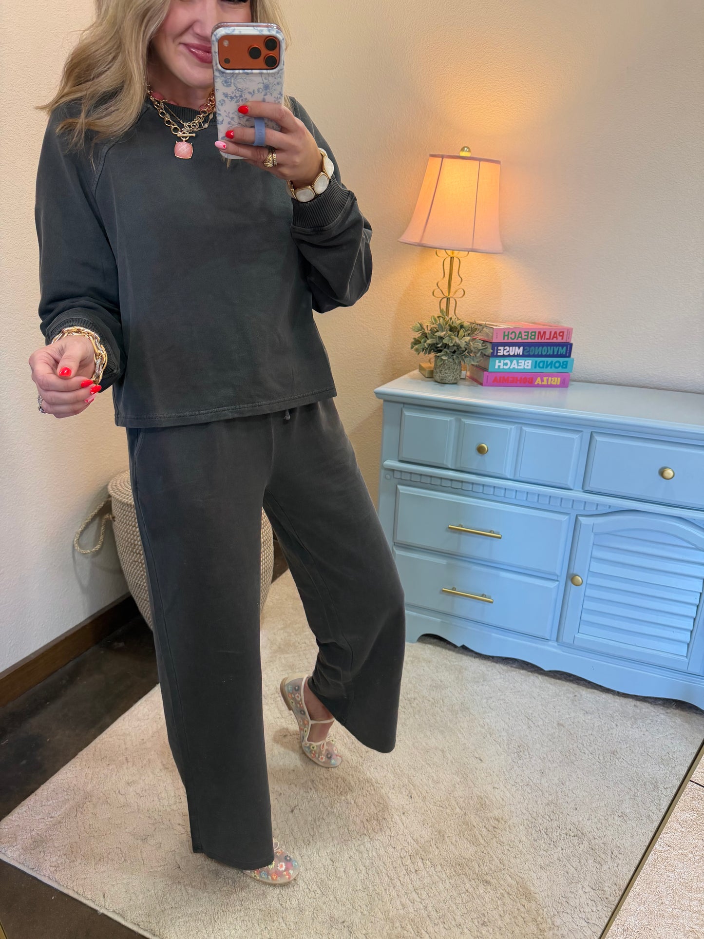 Charcoal Washed French Terry Round Neck Pullover & Pants Set FS