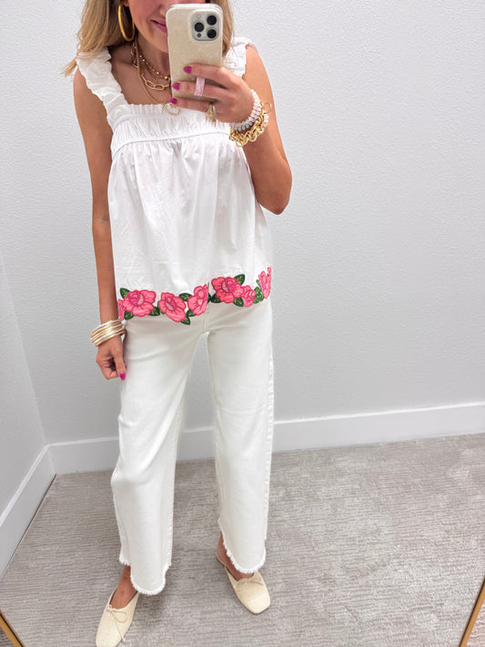 White Smocked Sleeve Floral Appliqué Top