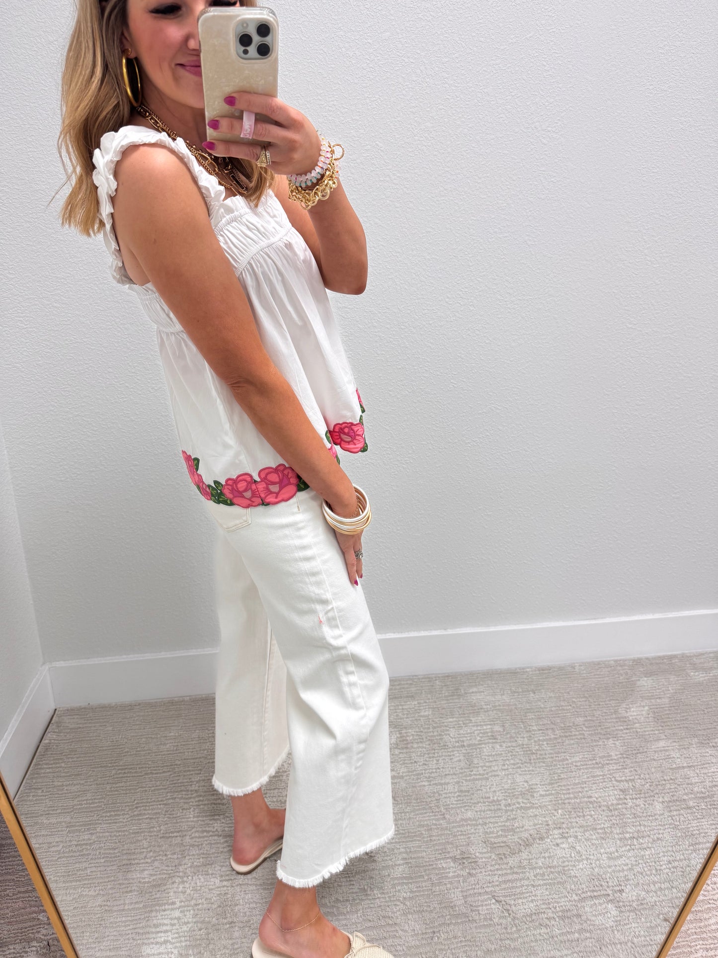 White Smocked Sleeve Floral Appliqué Top