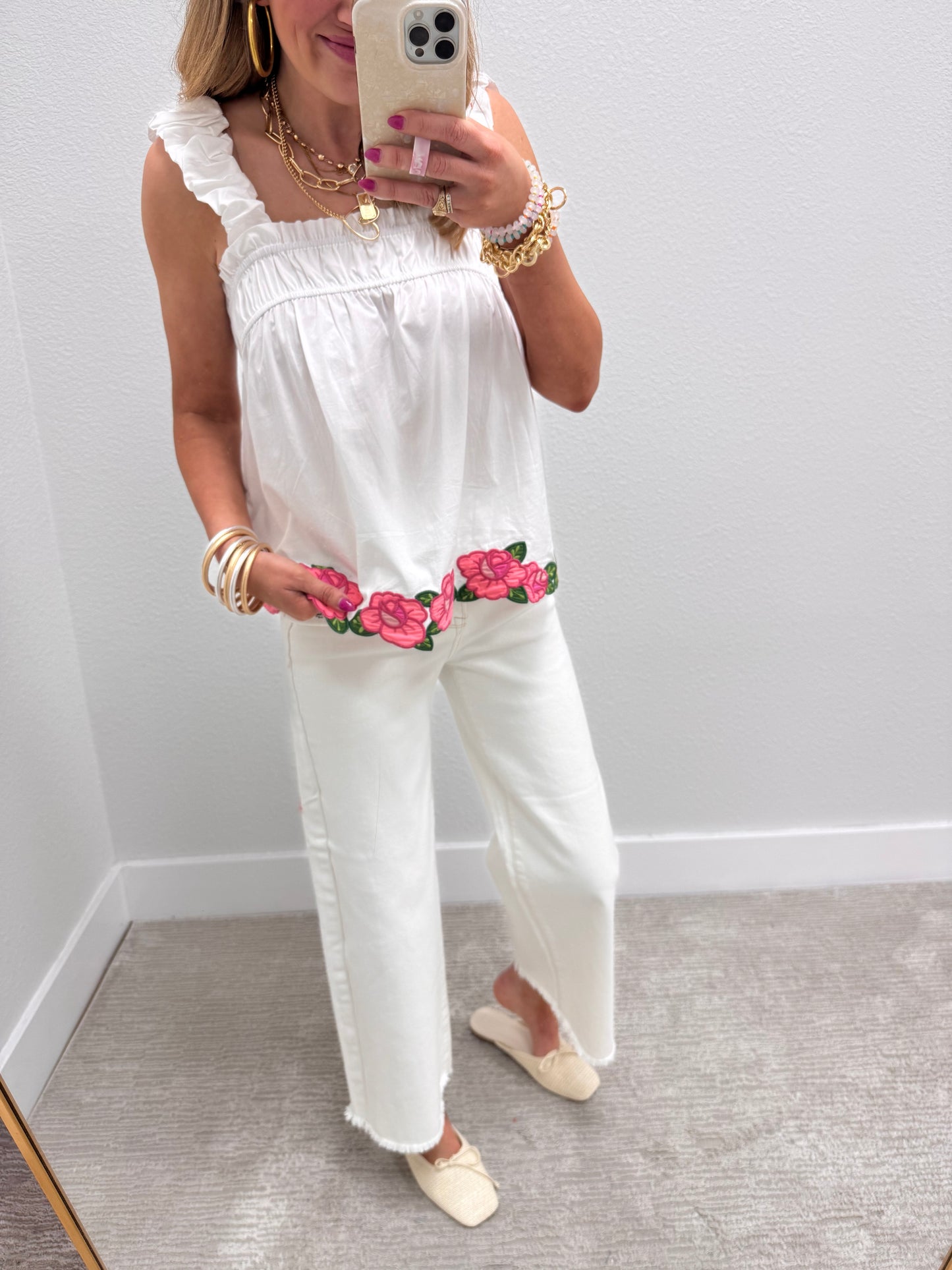 White Smocked Sleeve Floral Appliqué Top