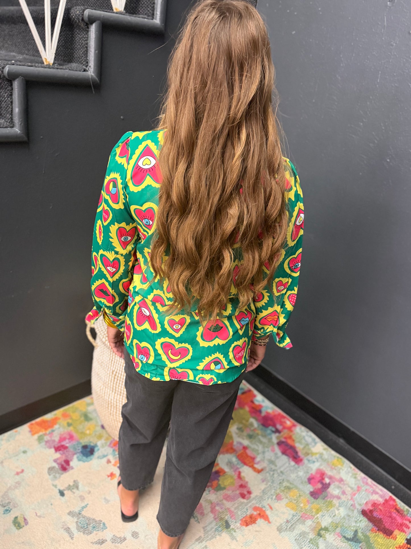 Green & Pink Whimsical Heart Face Top