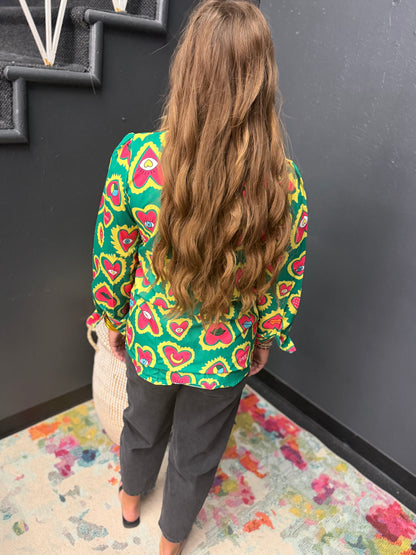 Green & Pink Whimsical Heart Face Top
