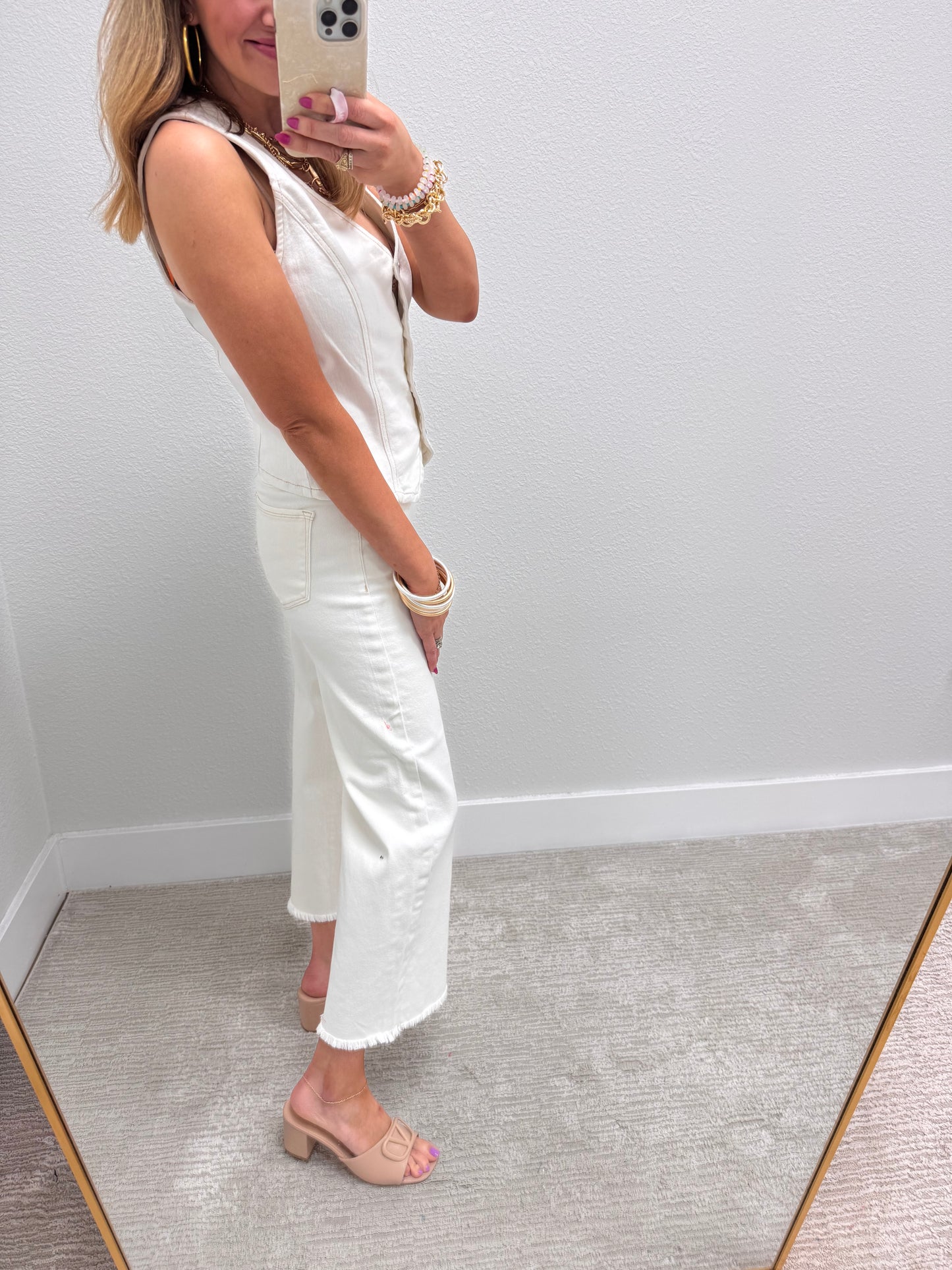 Risen Cream Denim Button Vneck Vest