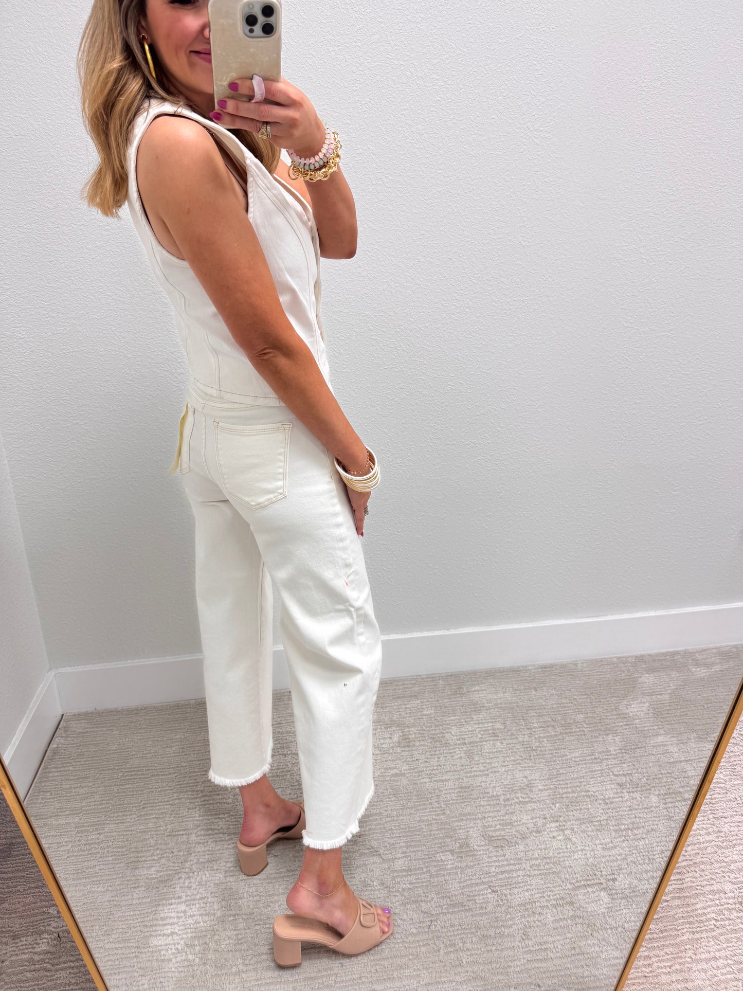 Risen Cream Denim Button Vneck Vest
