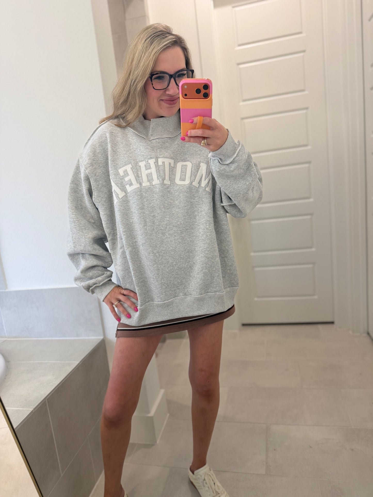 "Mother" Embroidered Mock Neck Sweat Shirt