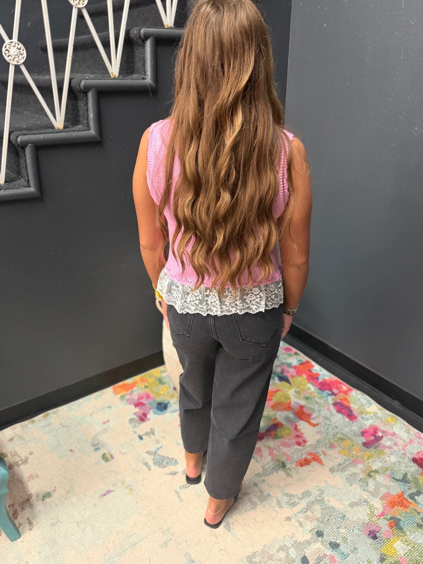 Pink Knit Lace Ruffle Top