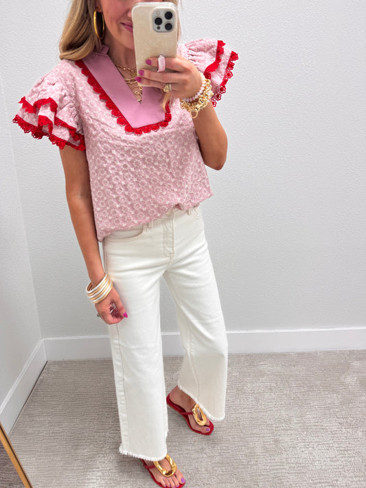 Red Eyelet Flutter Sleeve Blouse