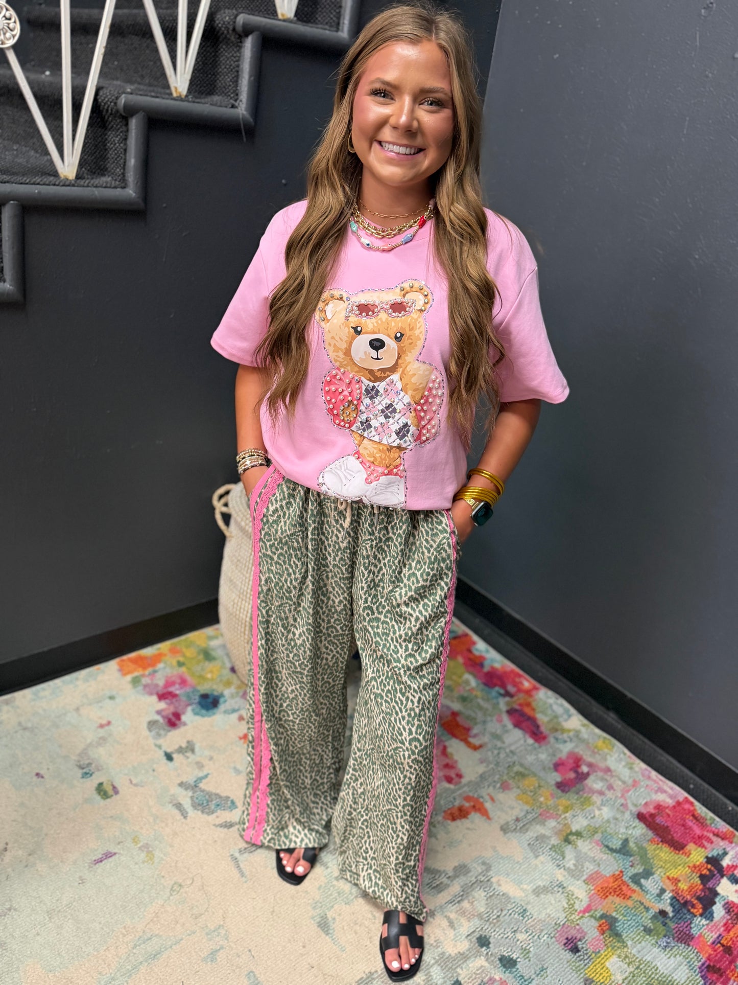 Green Leopard Lace & Sporty Ribbon Striped Pants