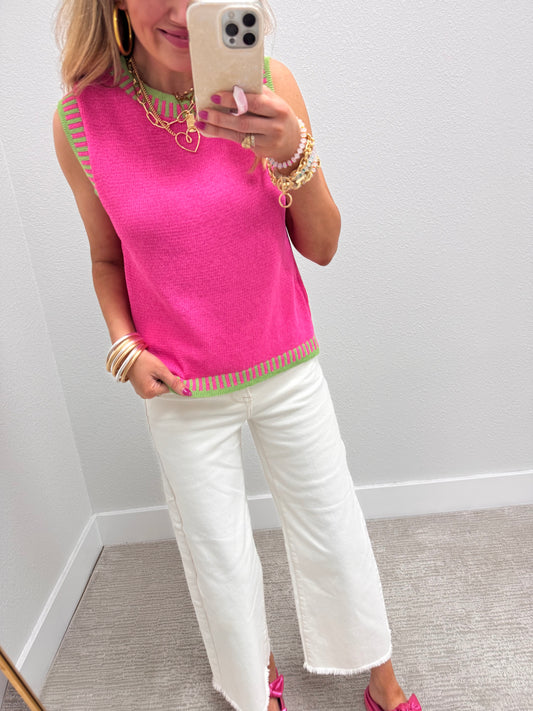 Fuchsia and Lime Solid Sleeveless Knit Top