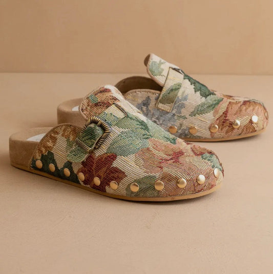Floral Tapestry Studded Buckle Clogs