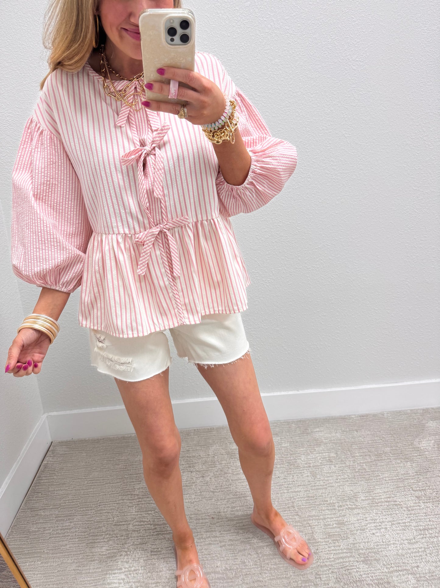Pink and White Seersucker Sleeve Striped Top