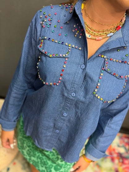 Dark Blue Denim Sequin Button Down Shirt
