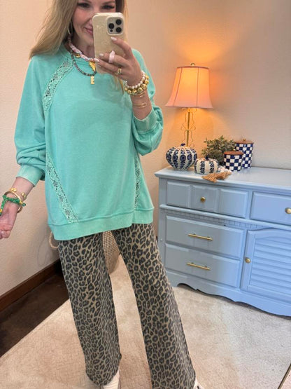 Turquoise Lace Detailed Pullover Top