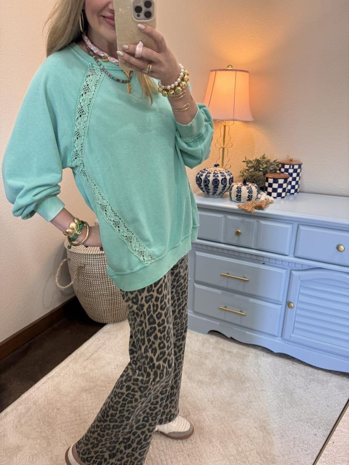 Turquoise Lace Detailed Pullover Top