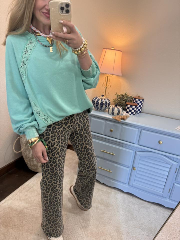 Turquoise Lace Detailed Pullover Top