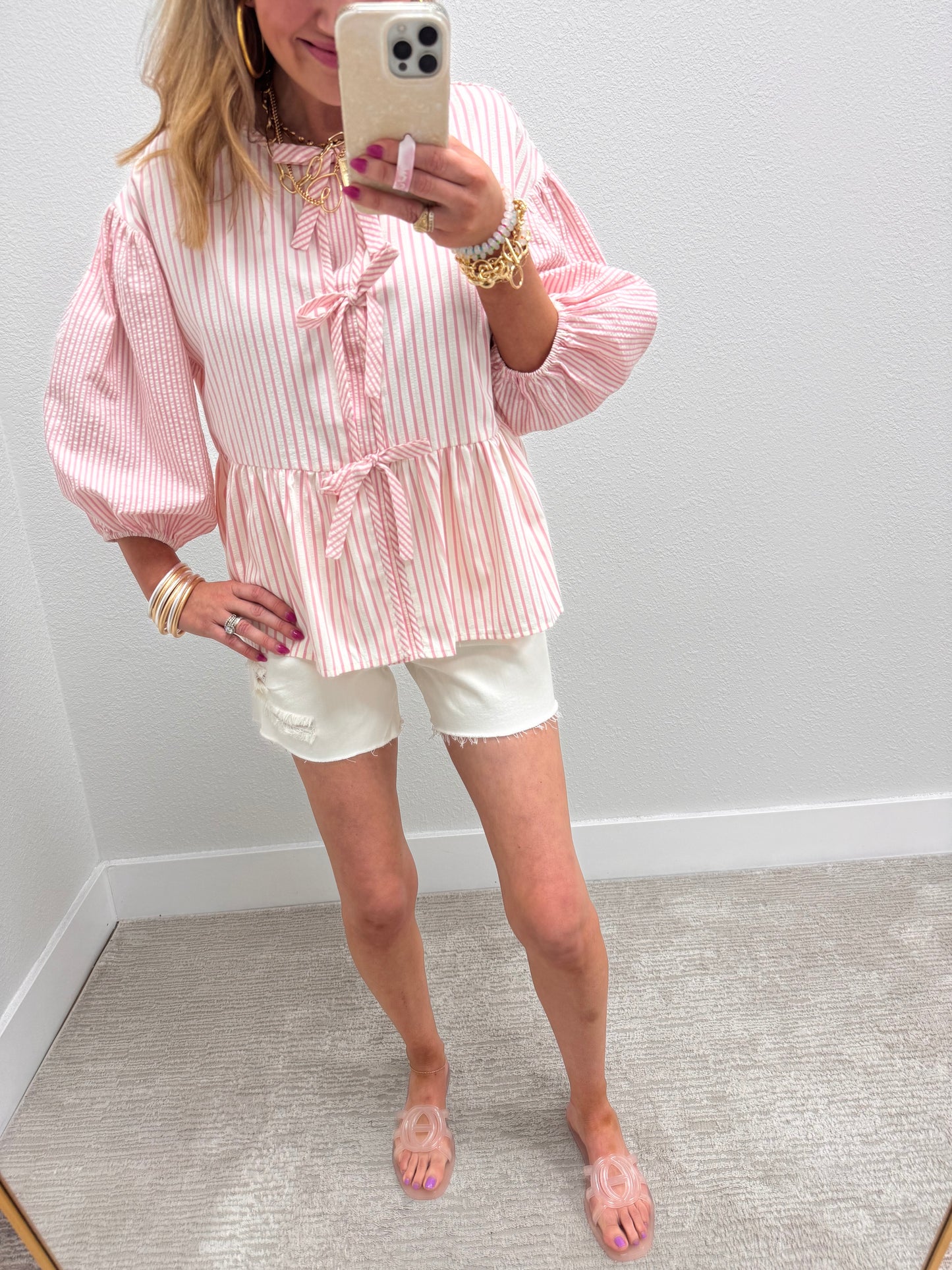 Pink and White Seersucker Sleeve Striped Top