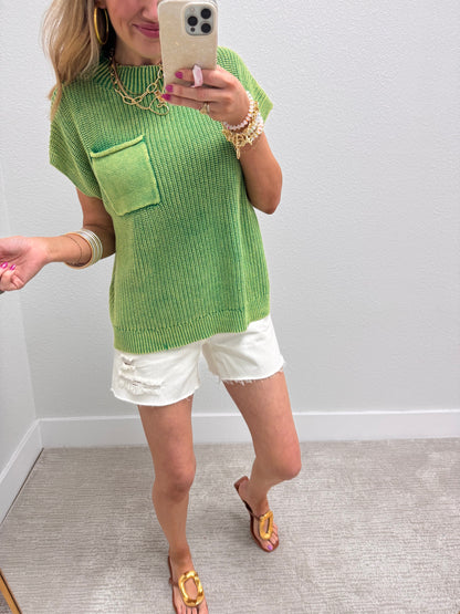 Green Mineral Washed Sweater Vest Top Short Sleeve