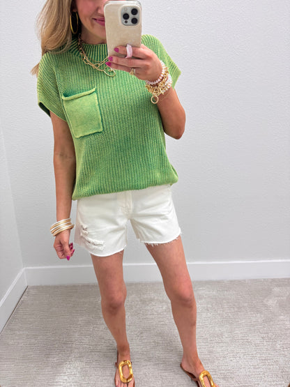 Green Mineral Washed Sweater Vest Top Short Sleeve
