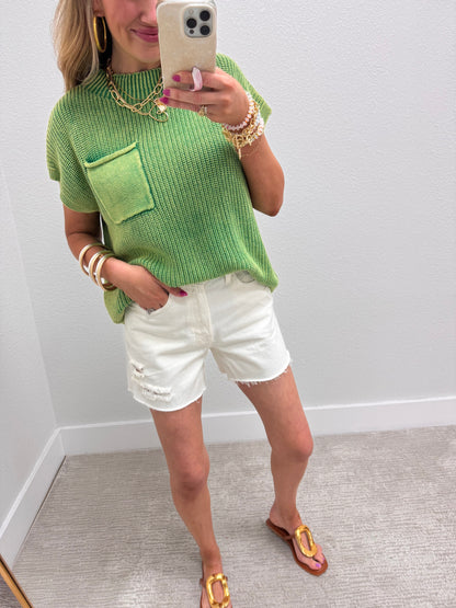 Green Mineral Washed Sweater Vest Top Short Sleeve