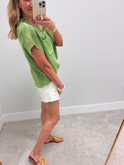 Green Mineral Washed Sweater Vest Top Short Sleeve