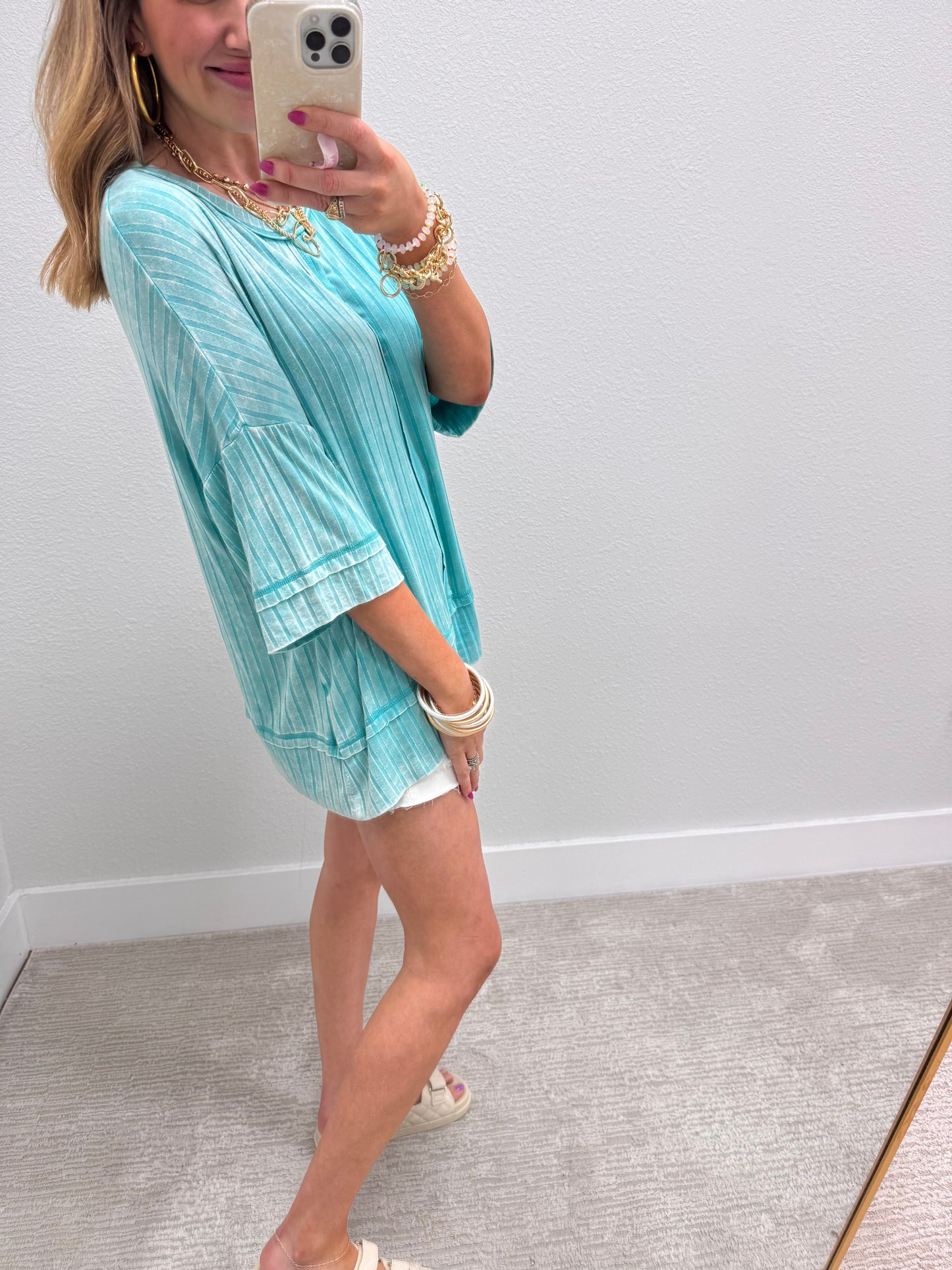 Turquoise Ribbed Drop Shoulder V-Neck Dolman Top