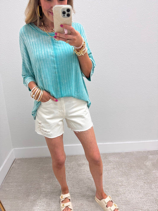 Turquoise Ribbed Drop Shoulder V-Neck Dolman Top