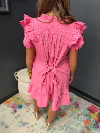 Peony Seersucker Frilled V-Neck Ruffle Dress