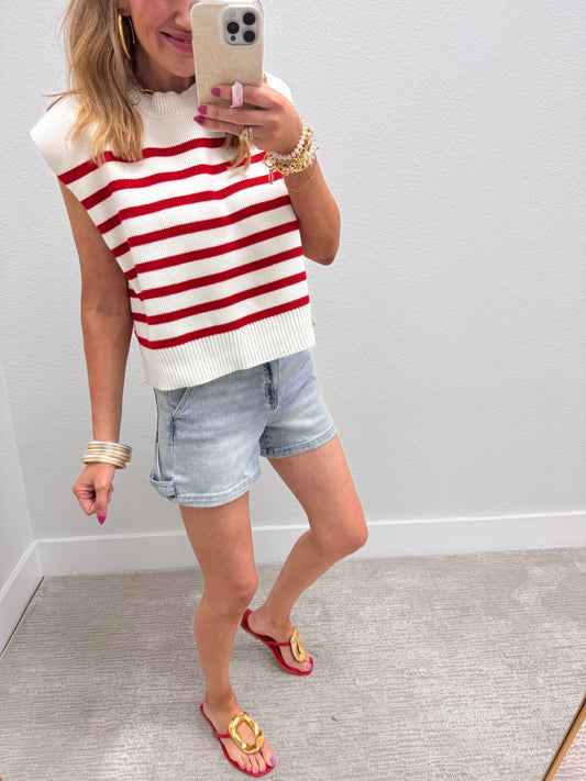 Red and Cream Striped Sweater Vest Top
