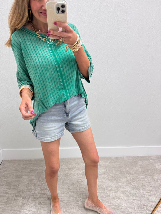 Kelly Green Ribbed Drop Shoulder V-Neck Dolman Top