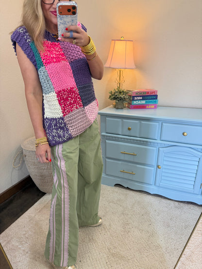 Pink Multi Patch Design Hand Knit Vest