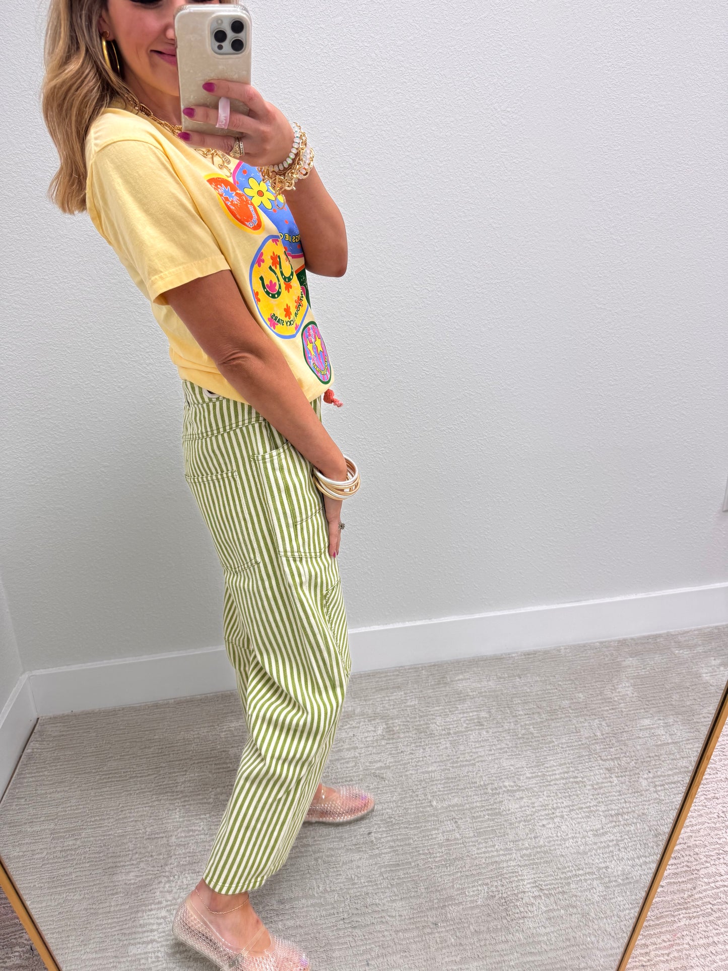 Lime Striped Twill Barrel Pants